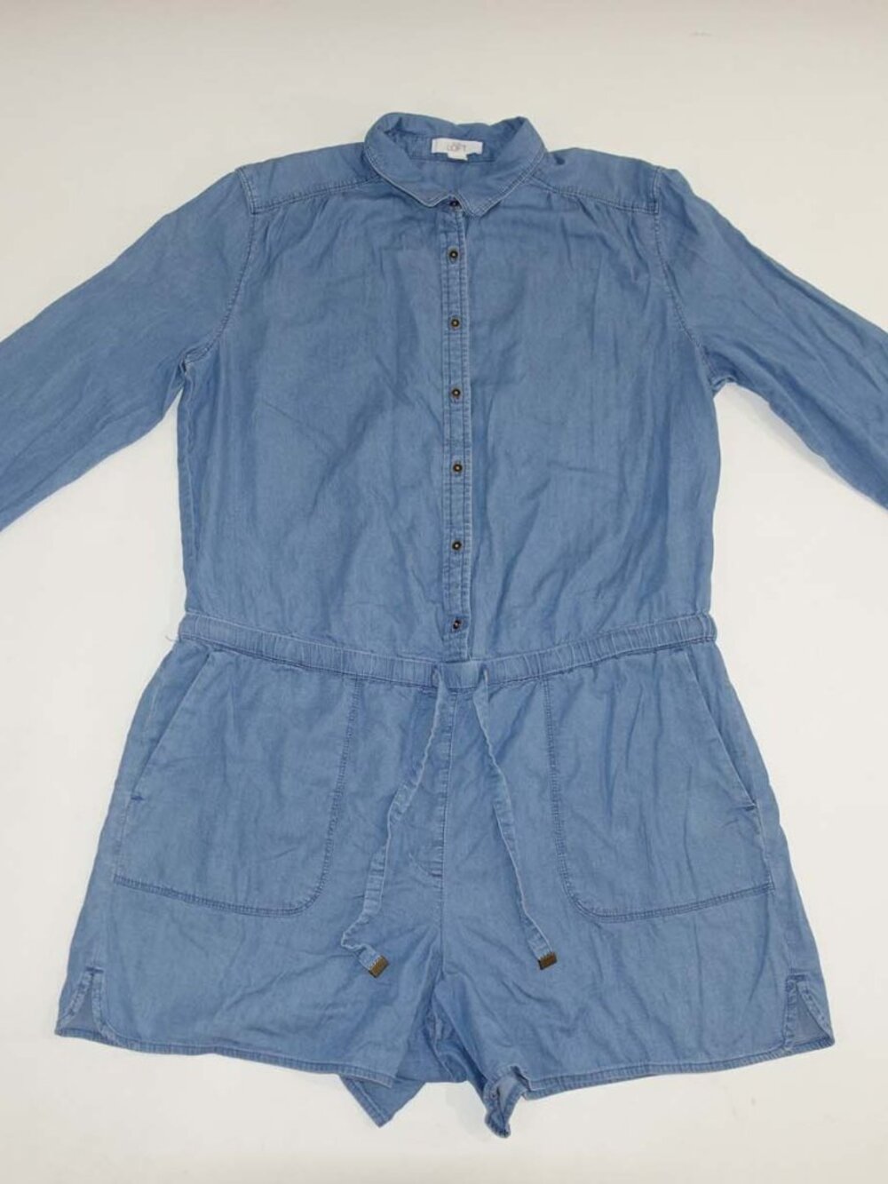 Ann Taylor Loft Women's Romper Size Large Long Sleeves Blue Cotton Blend L